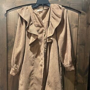 Entro Corduroy Brown Ruffled Button-Up Dress